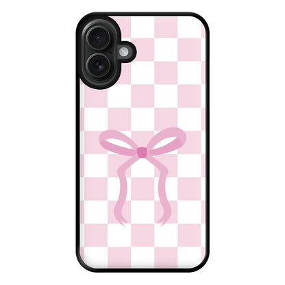 Checkered Coquette Bow Pink Phone Case for iPhone 16 Plus