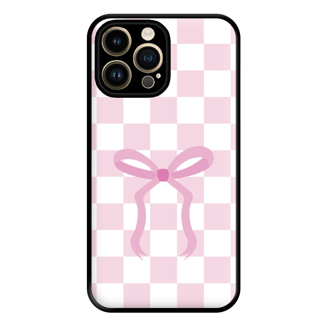 Checkered Coquette Bow Pink Phone Case for iPhone 14 Pro Max