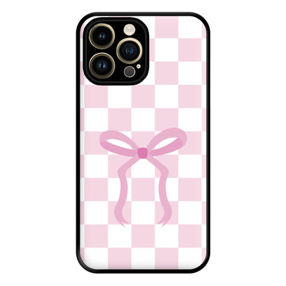 Checkered Coquette Bow Pink Phone Case for iPhone 14 Pro Max