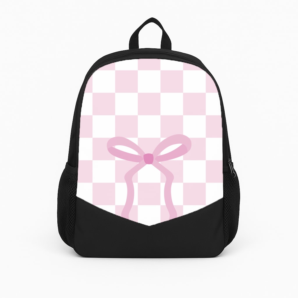 Checkered Coquette Bow Pink Backpack