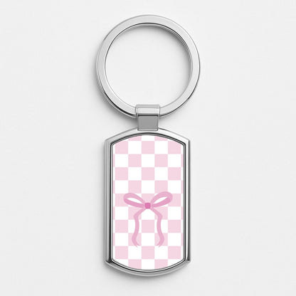 Checkered Coquette Bow Pink Silver Keyring