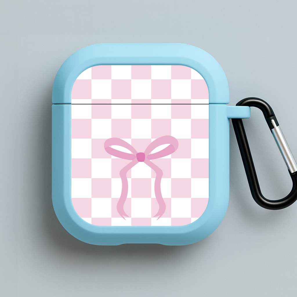 Checkered Coquette Bow Pink Blue AirPods Case