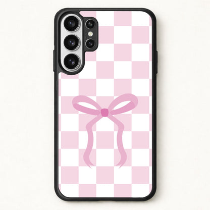 Checkered Coquette Bow Pink Phone Case for Galaxy S26 Ultra