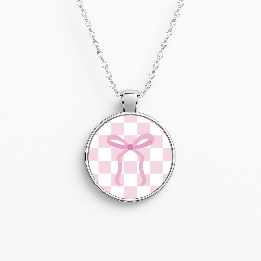 Checkered Coquette Bow Pink Necklace