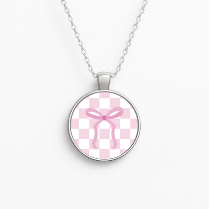 Checkered Coquette Bow Pink Necklace