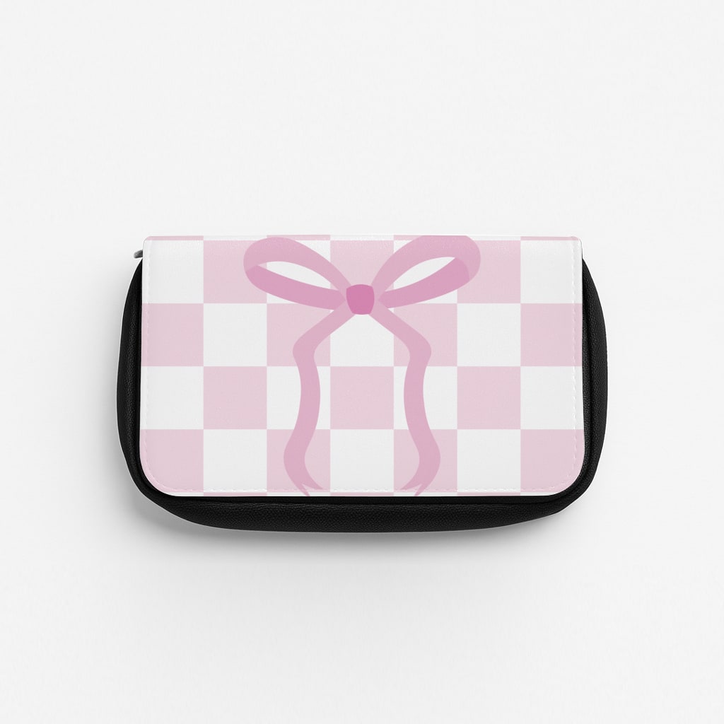 Checkered Coquette Bow Pink Pencil Case