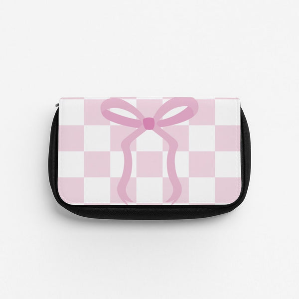 Checkered Coquette Bow Pink Pencil Case