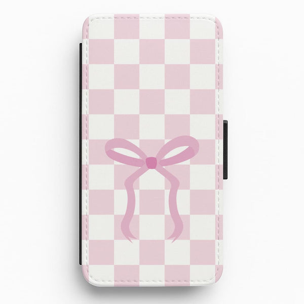 Checkered Coquette Bow Pink Flip / Wallet Phone Case