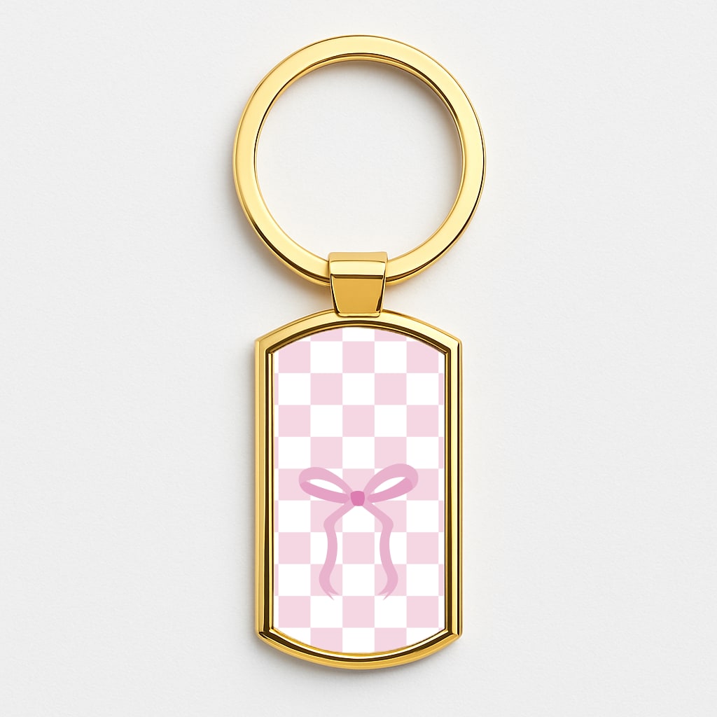 Checkered Coquette Bow Pink Gold Keyring