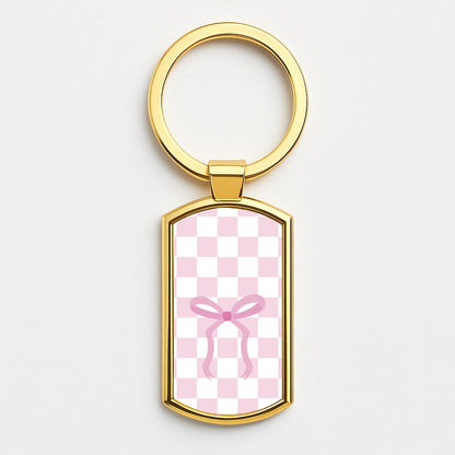 Checkered Coquette Bow Pink Gold Keyring