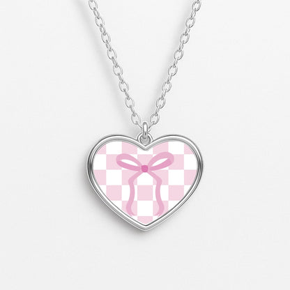 Checkered Coquette Bow Pink Necklace