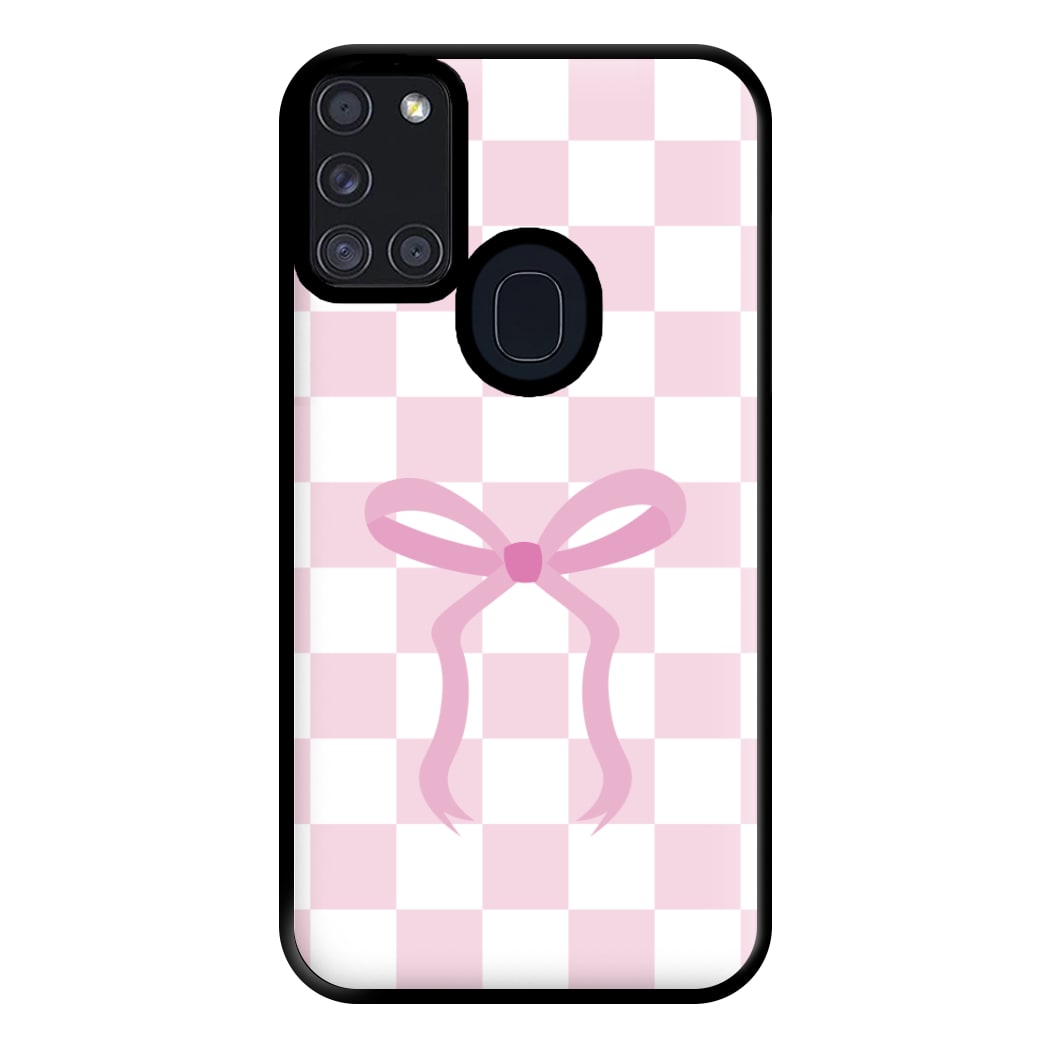 Checkered Coquette Bow Pink Phone Case for Galaxy A21s