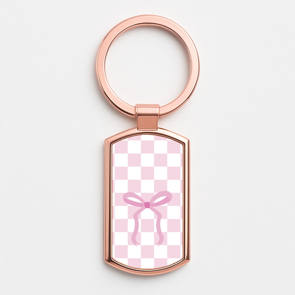 Checkered Coquette Bow Pink Rose Gold Keyring