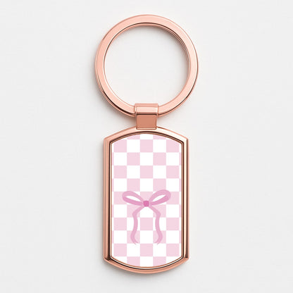 Checkered Coquette Bow Pink Rose Gold Keyring