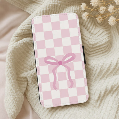 Checkered Coquette Bow Pink Wallet Phone Case