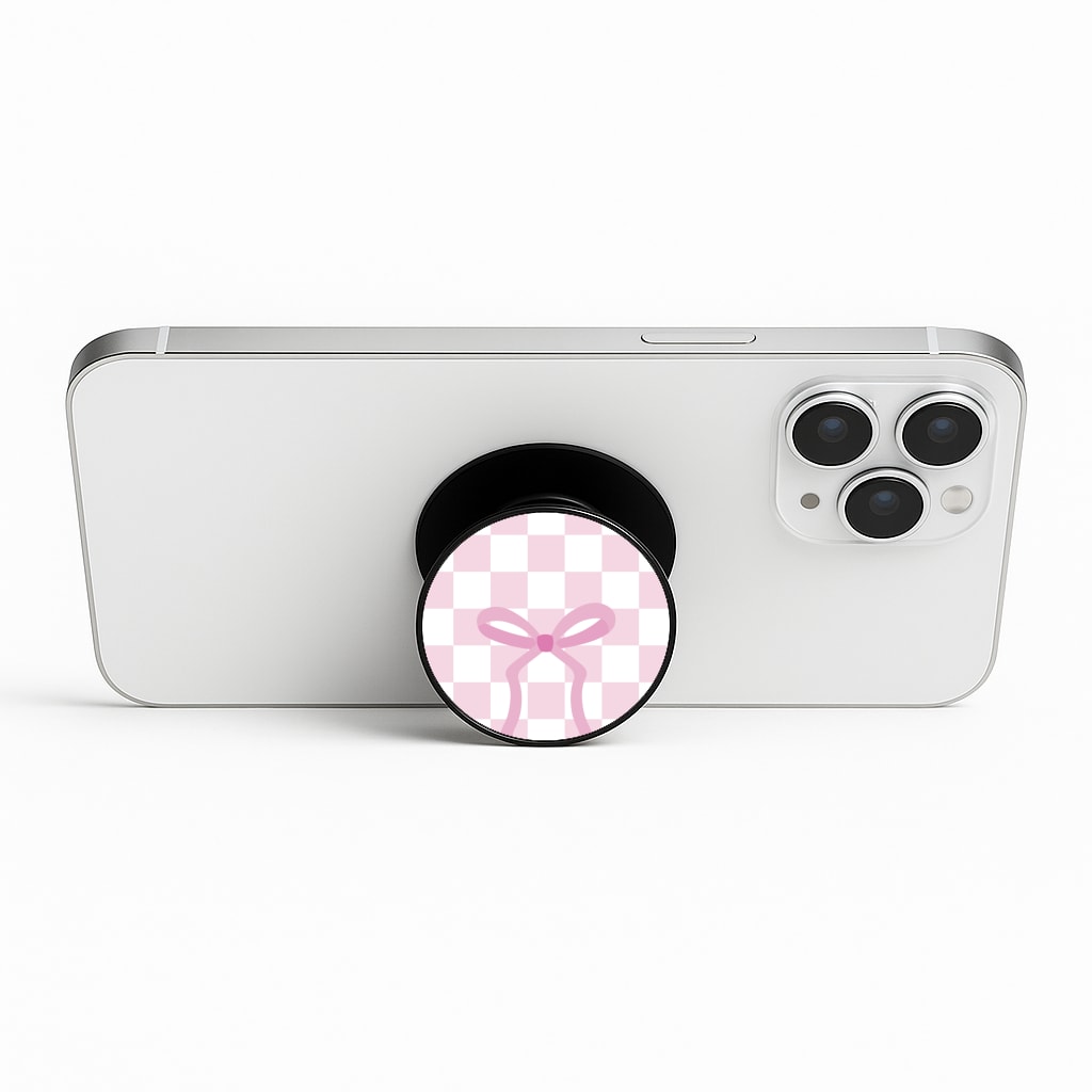 Checkered Coquette Bow Pink Phone Stand