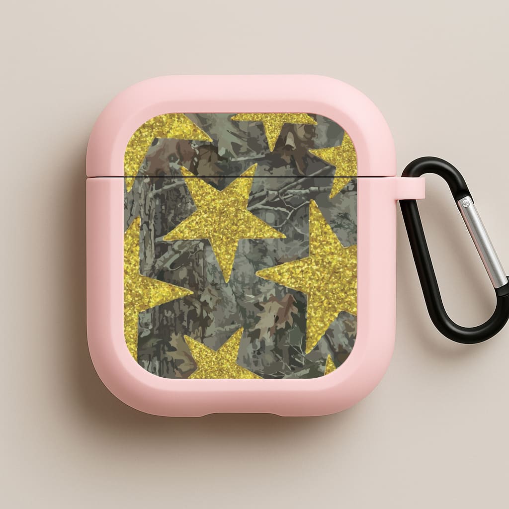 Camo And Glitter Stars Pattern Pink AirPods Case