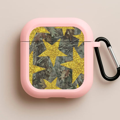 Camo And Glitter Stars Pattern Pink AirPods Case