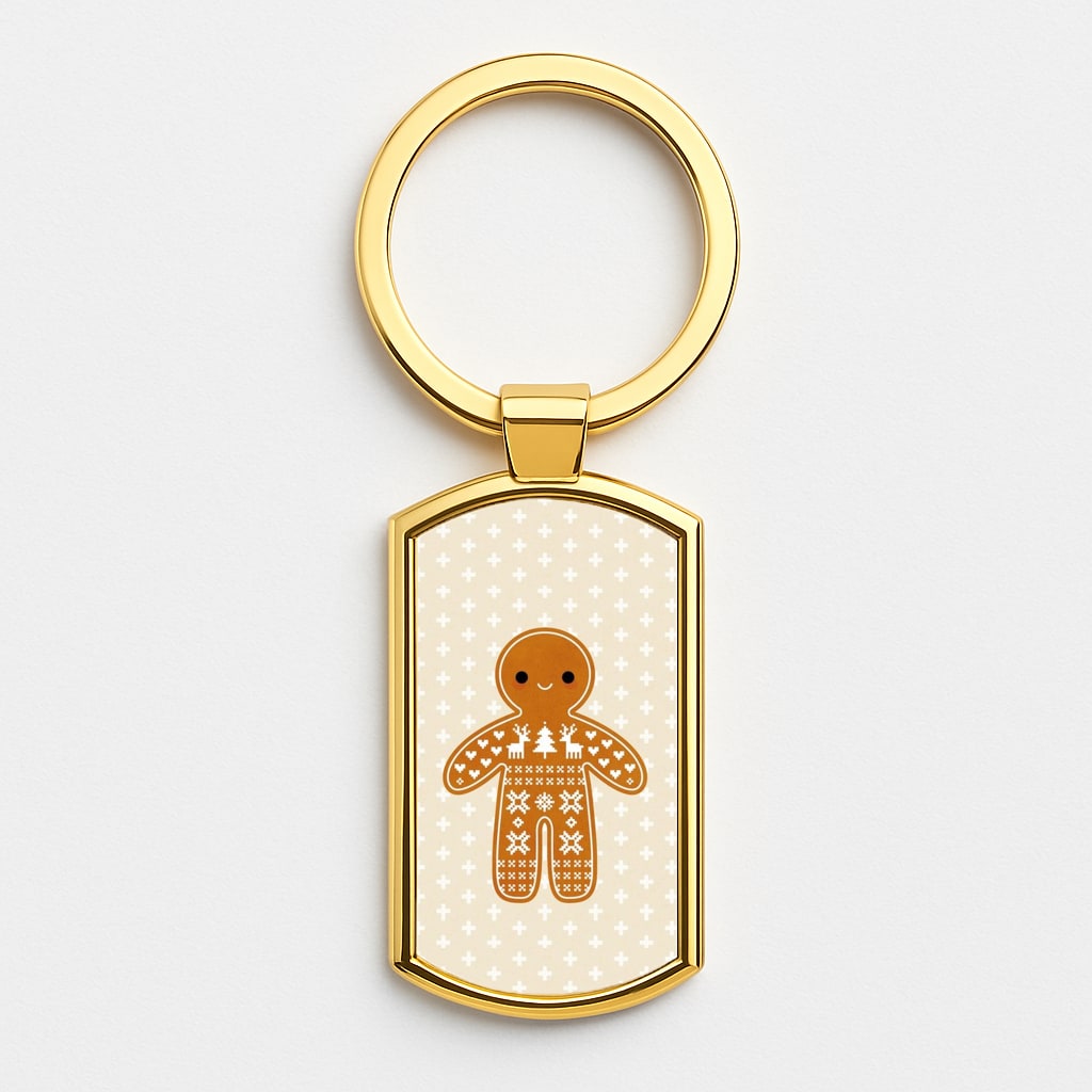 Christmas Jumper Pattern Gingerbread Man Gold Keyring