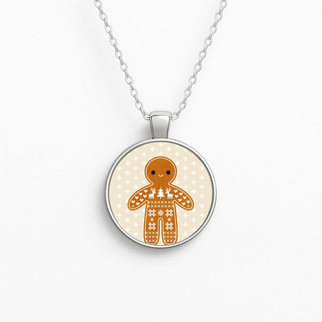 Christmas Jumper Pattern Gingerbread Man Circle Necklace