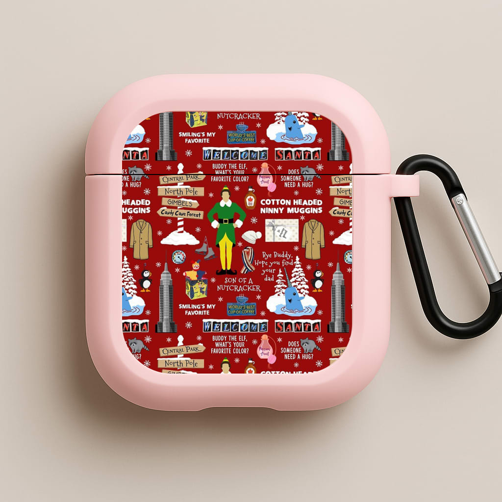 Red Elf Pattern Pink AirPods Case