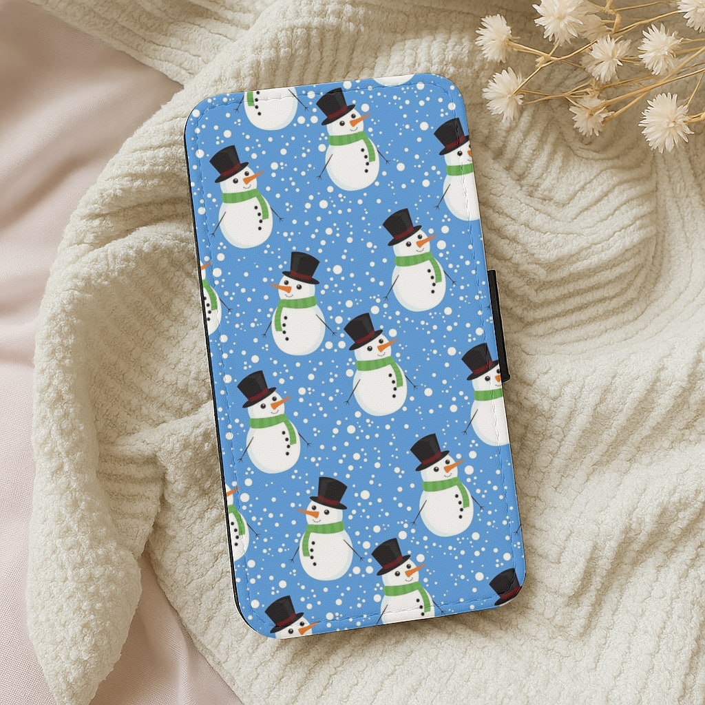 Blue Snowman Pattern Flip Wallet Phone Case