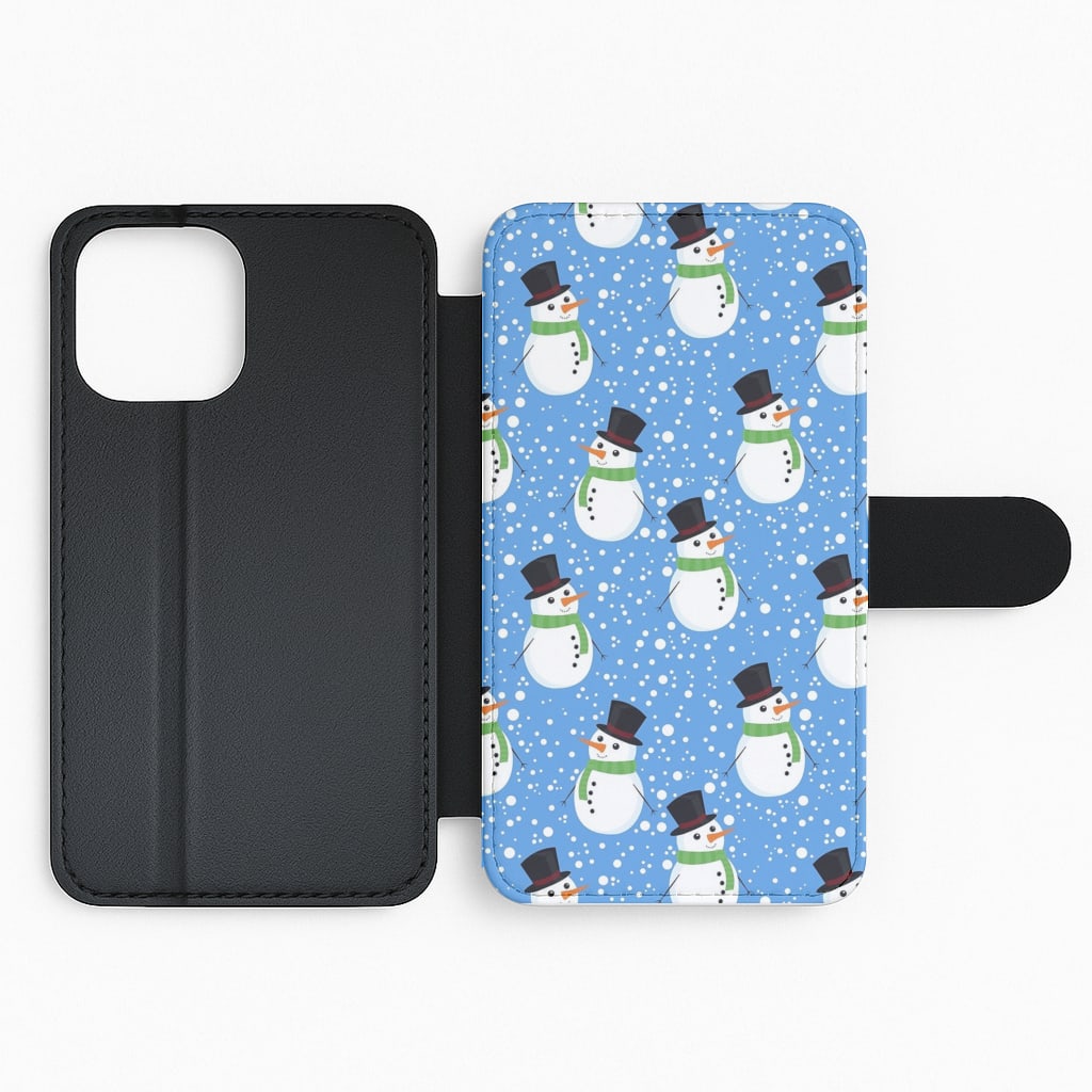 Blue Snowman Pattern Flip Wallet Phone Case
