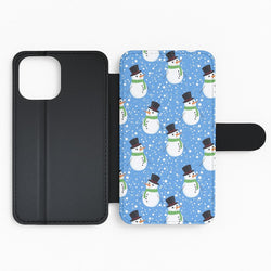 Blue Snowman Pattern Flip Wallet Phone Case
