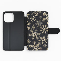 Gold Snowflake Pattern Flip Wallet Phone Case