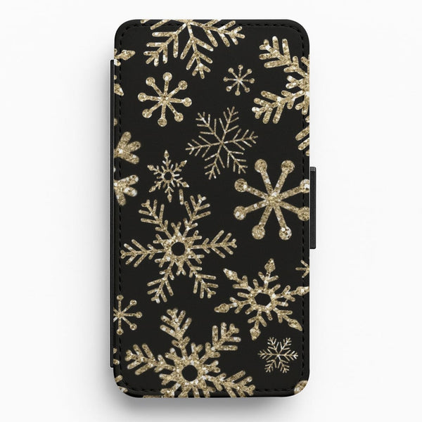 Gold Snowflake Pattern Flip Wallet Phone Case