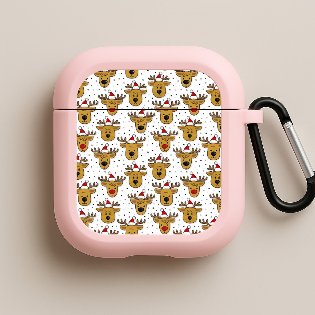 Reindeers In Santa Hats Pattern Pink AirPods Case