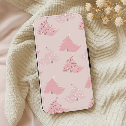 Pink Christmas Tree Pattern Wallet Phone Case