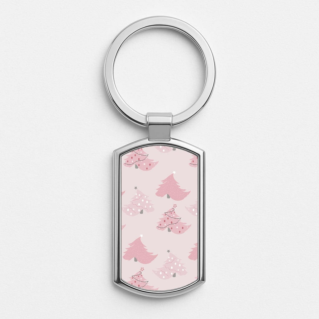 Pink Christmas Tree Pattern Silver Keyring