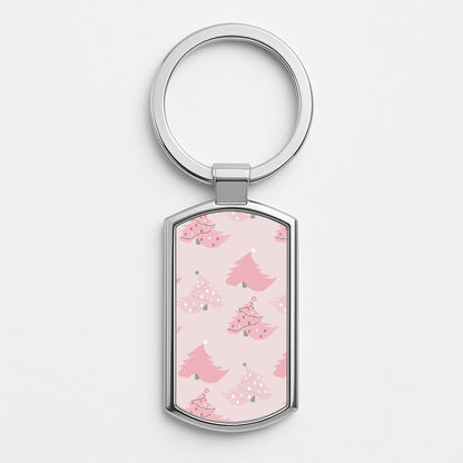 Pink Christmas Tree Pattern Silver Keyring