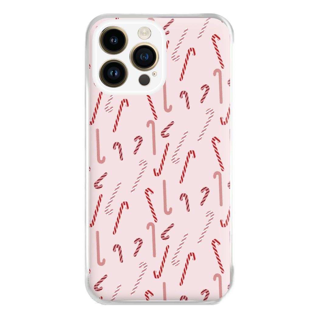 Pink Candycane Christmas Pattern Phone Case for iPhone 14 Pro Max