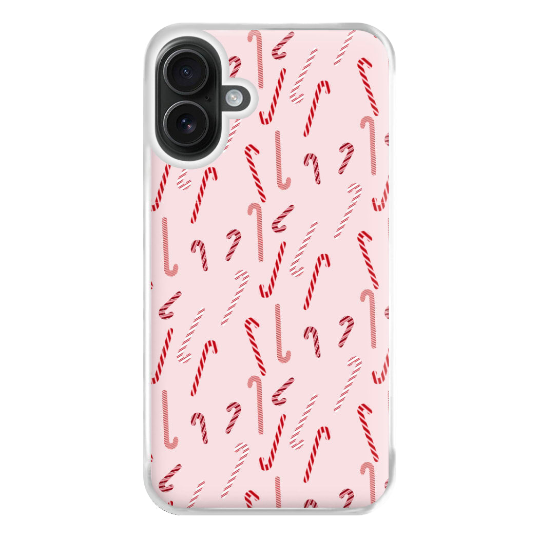 Pink Candycane Christmas Pattern Phone Case for iPhone 16 Plus