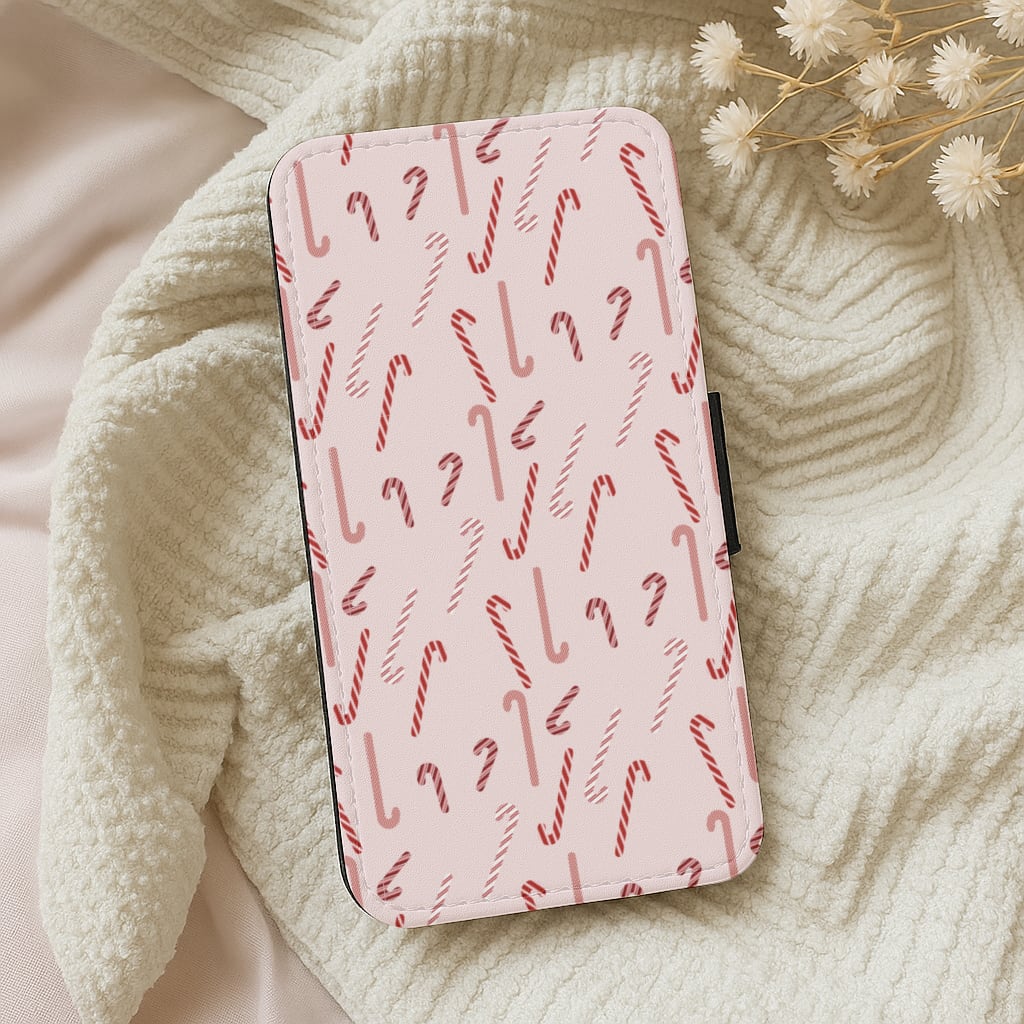 Pink Candycane Christmas Pattern Wallet Phone Case