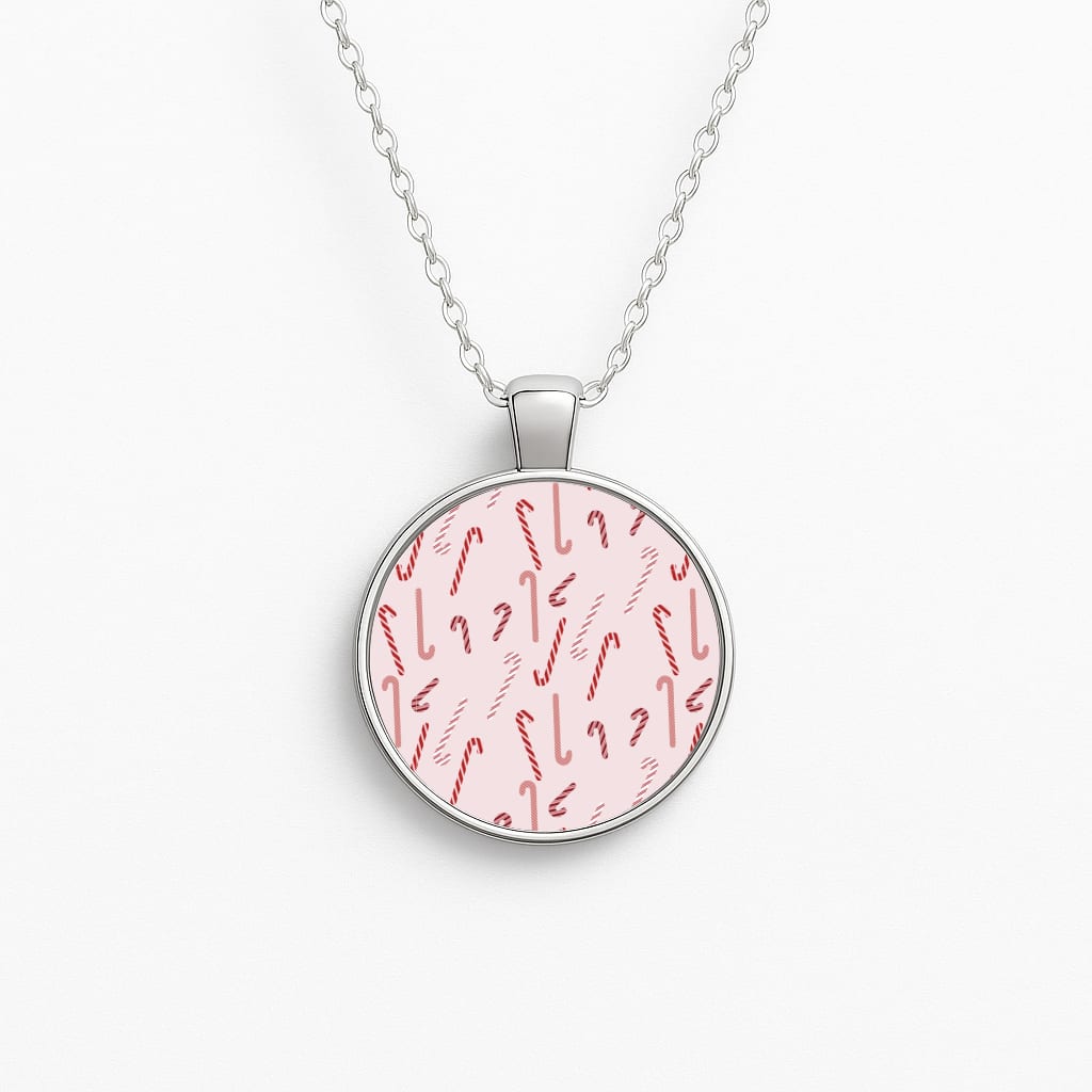 Pink Candycane Christmas Pattern Circle Necklace