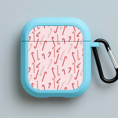 Pink Candycane Christmas Pattern Blue AirPods Case