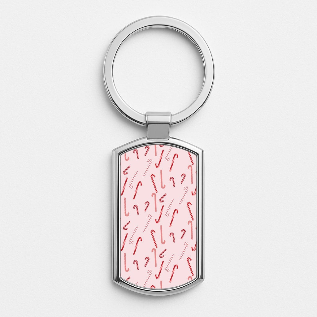 Pink Candycane Christmas Pattern Silver Keyring