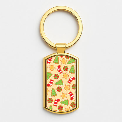 Gingerbread And Stocking Pattern Gold Keyring