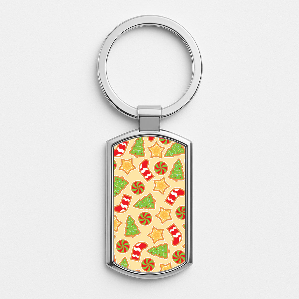 Gingerbread And Stocking Pattern Silver Keyring
