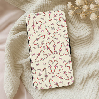 Candy Cane Love Heart Pattern Wallet Phone Case
