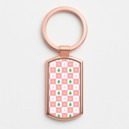 Pink And Green Tree Pattern Rose Gold Keyring