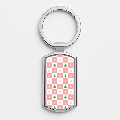 Pink And Green Tree Pattern Silver Keyring