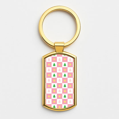 Pink And Green Tree Pattern Gold Keyring