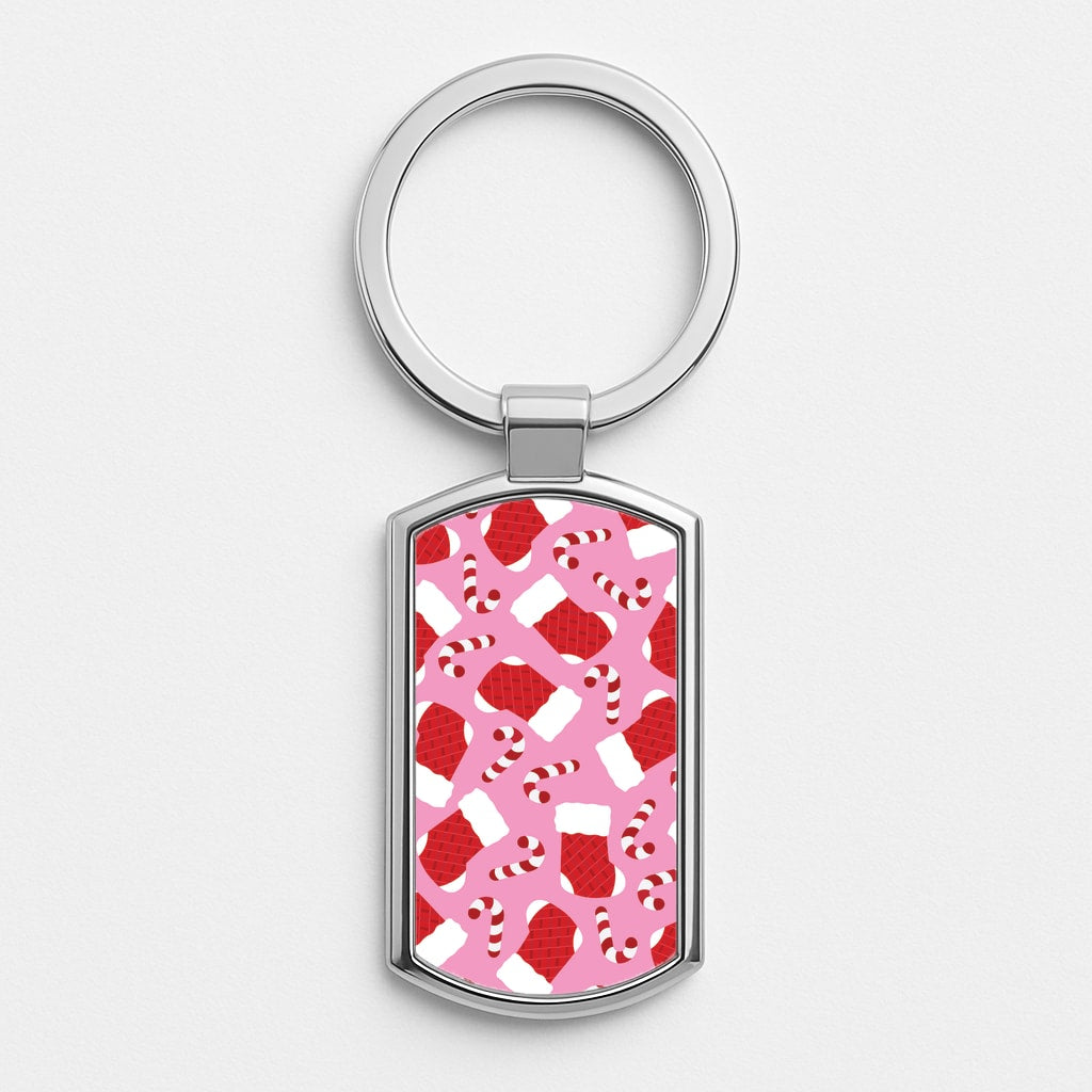 Pink Stocking Pattern Silver Keyring