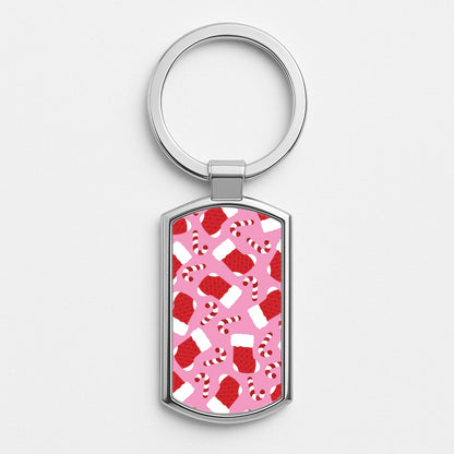Pink Stocking Pattern Silver Keyring