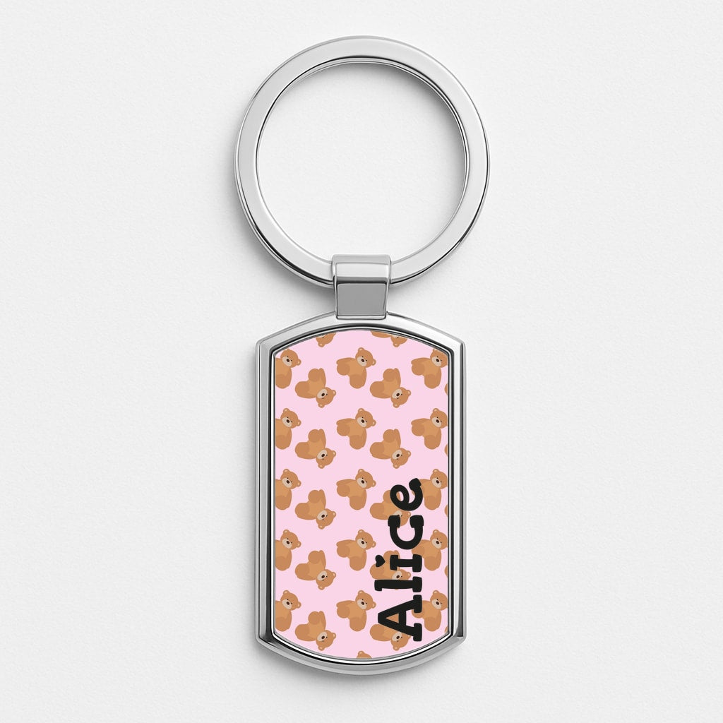 Teddy Bear Pattern - Personalised Christmas  Silver Keyring