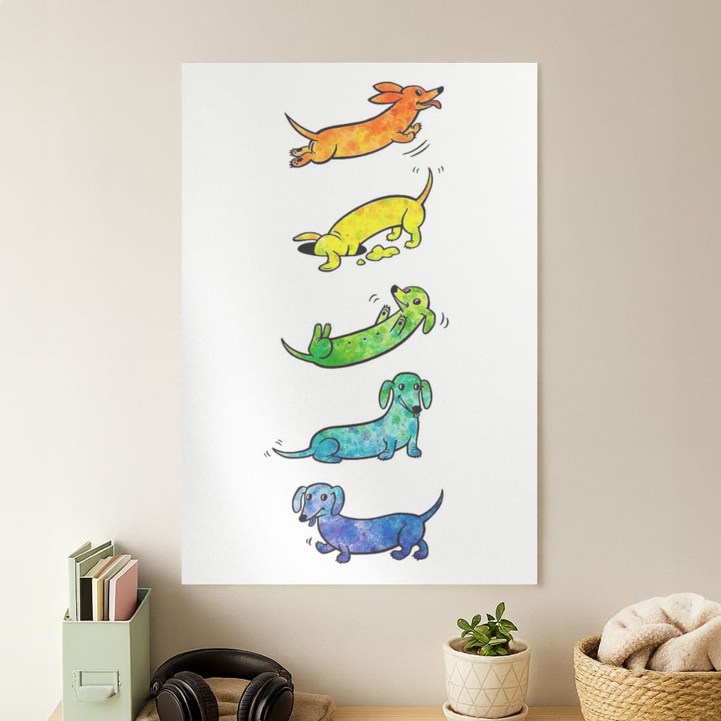 Watercolor Rainbow Dachshunds Poster